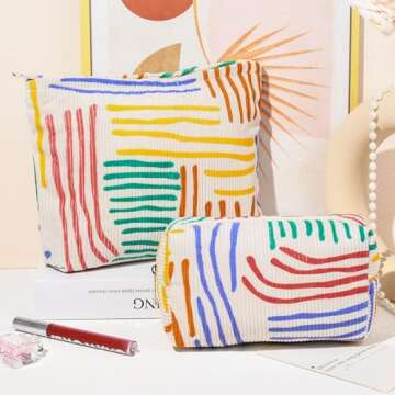 SOIDRAM 2 Pieces Stripes Makeup Bag Large Corduroy Cosmetic Bag Capacity Canvas Mix Travel Toiletry ...
