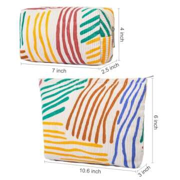 SOIDRAM 2 Pieces Stripes Makeup Bag Large Corduroy Cosmetic Bag Capacity Canvas Mix Travel Toiletry Bag Organizer Cute Makeup Brushes Aesthetic Accessories Storage Bag for Women, Stripes Mix Colorful