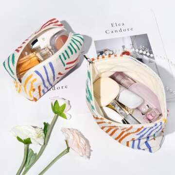 SOIDRAM 2 Pieces Stripes Makeup Bag Large Corduroy Cosmetic Bag Capacity Canvas Mix Travel Toiletry Bag Organizer Cute Makeup Brushes Aesthetic Accessories Storage Bag for Women, Stripes Mix Colorful