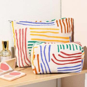 SOIDRAM 2 Pieces Stripes Makeup Bag Large Corduroy Cosmetic Bag Capacity Canvas Mix Travel Toiletry Bag Organizer Cute Makeup Brushes Aesthetic Accessories Storage Bag for Women, Stripes Mix Colorful