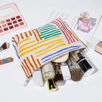 SOIDRAM 2 Pieces Stripes Makeup Bag Large Corduroy Cosmetic Bag Capacity Canvas Mix Travel Toiletry Bag Organizer Cute Makeup Brushes Aesthetic Accessories Storage Bag for Women, Stripes Mix Colorful