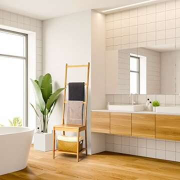 HYNAWIN Bamboo Bath Towel Rack, Multifunctional Bathroom Floor Shelf, Floor Storage Rack, Chair with...