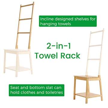 HYNAWIN Bamboo Bath Towel Rack, Multifunctional Bathroom Floor Shelf, Floor Storage Rack, Chair with Towel Rack, for Bathrooms and Bedrooms