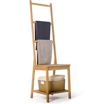 HYNAWIN Bamboo Bath Towel Rack, Multifunctional Bathroom Floor Shelf, Floor Storage Rack, Chair with Towel Rack, for Bathrooms and Bedrooms