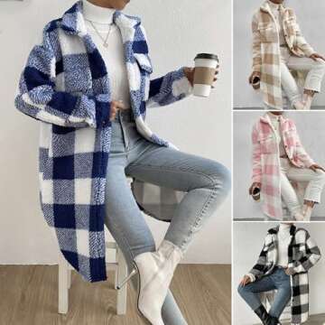 Grrtyu Women’s Chic Plaid Print Warm Plush Long Coat, Womens Fuzzy Fleece Jacket, Coats for Women Trendy (Pink,Medium)