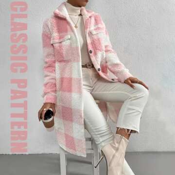 Grrtyu Women’s Chic Plaid Print Warm Plush Long Coat, Womens Fuzzy Fleece Jacket, Coats for Women Trendy (Pink,Medium)
