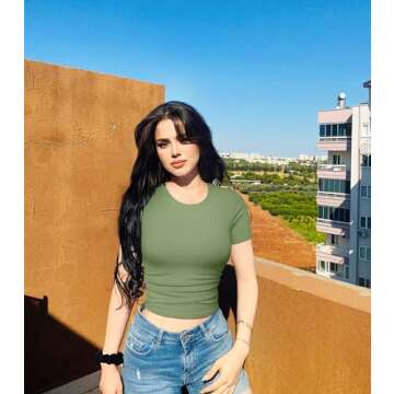 OQQ Womens 2 Piece Shirts Short Sleeve Crew Neck Ruched Stretch Fitted Tee Shirts Crop Tops Pea Green Beige