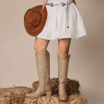 Pasuot Tan Cowboy Boots for Women with Side Zip and Chunky Heel