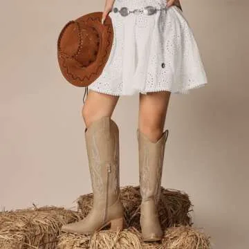 Pasuot Tan Cowboy Boots for Women with Side Zip and Chunky Heel