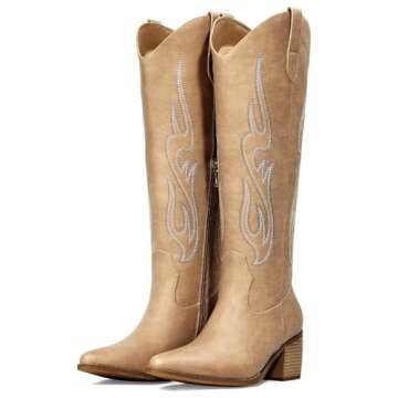 Pasuot Tan Cowboy Boots for Women with Side Zip and Chunky Heel