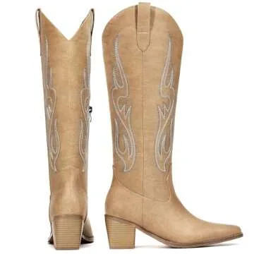 Pasuot Tan Cowboy Boots for Women with Side Zip and Chunky Heel