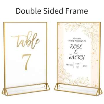 NIUBEE 6Pack 4 x 6 Clear Acrylic Sign Holder with Gold Borders and Vertical Stand, Double Sided Table Menu Holders Picture Frames for Wedding Table Numbers, Restaurant Signs, Photos and Art Display