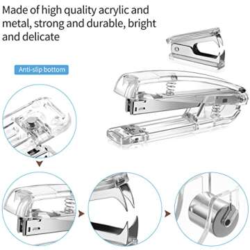 Office Supplies Set Desk Accessory Kit, Acrylic Stapler Set Staple Remover, Tape Dispenser, Binder Clips, Paper Clips, Ballpoint Pen and Scissor with 1000 Pieces 26/6 Staples (Silver)