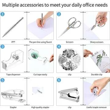 Office Supplies Set Desk Accessory Kit, Acrylic Stapler Set Staple Remover, Tape Dispenser, Binder Clips, Paper Clips, Ballpoint Pen and Scissor with 1000 Pieces 26/6 Staples (Silver)