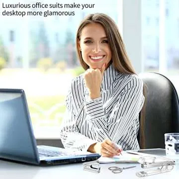 Office Supplies Set Desk Accessory Kit, Acrylic Stapler Set Staple Remover, Tape Dispenser, Binder Clips, Paper Clips, Ballpoint Pen and Scissor with 1000 Pieces 26/6 Staples (Silver)