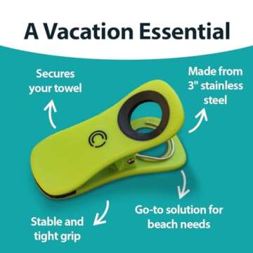 CoreClips Towel Clips for Beach Chairs on Cruise - 2.5” Opening Heavy Duty Beach Chair Clips for T...