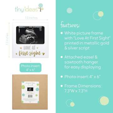 Tiny Ideas Love at First Sight Sonogram Picture Frame, Gender Neutral Ultrasound Keepsake, Ideal Pregnancy Gift, Baby Shower and Nursery Decor, 4” x6” Photo Insert, Gold, Silver And White