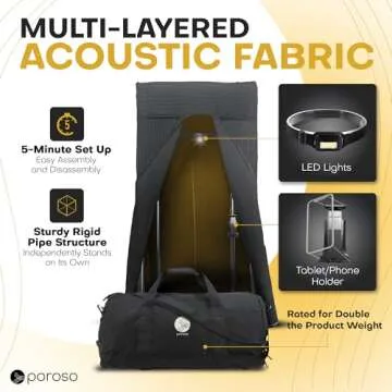 POROSO Updated 2025 OEM RECORDING SOUND BOOTH | Portable Studio for Crisp Dry Vocals | Acoustic Treatment for Any Space | Sound Isolation Booth for Home Studio | 5-Min Assembly w/Travel Bag & Extras