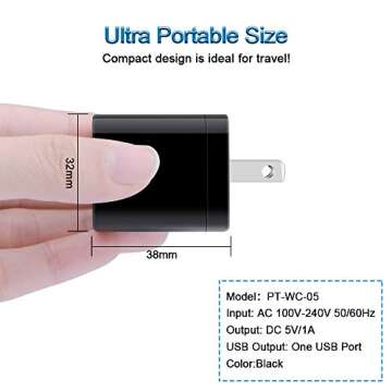 Wall Charger Cube,1A/5V Single Port USB Plug 3 Pack Travel Black Charging Block Box Adapter Compatib...
