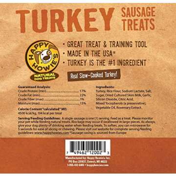 Happy Howie's Natural Dog Treats - Healthy Dog Treats & Training Tool, Real Turkey & Natural Ingredients, Made in The USA, Hormone Free, No Artificial Ingredients - Turkey Sausage Links, (13 Pack)