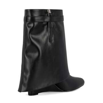 CORNMOOD Women Fold Over Boots Wide Mid Calf Black Shark Boots Almond Toe Pull On Wedge Heeled Short Ankle Booties With Padlock