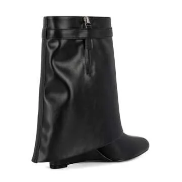 CORNMOOD Women Fold Over Boots Wide Mid Calf Black Shark Boots Almond Toe Pull On Wedge Heeled Short Ankle Booties With Padlock