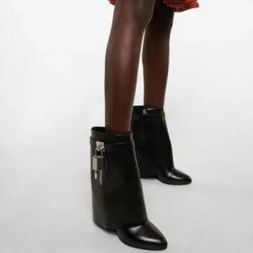 CORNMOOD Women Fold Over Boots Wide Mid Calf Black Shark Boots Almond Toe Pull On Wedge Heeled Short Ankle Booties With Padlock