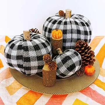 3 Pcs Assorted Crochet Pumpkins Plaid Pumpkins Gingham Buffalo Check Knit Pumpkins Fall Thanksgiving Halloween Seasonal Holiday Farmhouse Tabletop Decoration