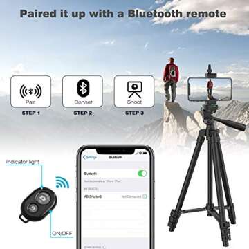 Phone Tripod, 51" Extendable Travel Lightweight Tripod Stand with Carrying Bag, Universal Tripod with Bluetooth Remote, Cell Phone Mount for Phone Xs/Xs Max/Xr/X/8/8 Plus/Samsung/Huawei Phone,Camera
