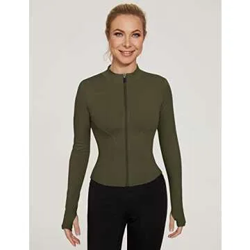 LUYAA Womens Athletic Full Zip Up Jacket Tight Slim Fit Workout Jackets Long Sleeve Running Active Tops Army Green M