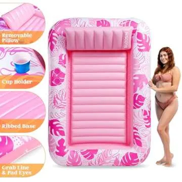 SLOOSH Inflatable Tanning Pool Lounger Float, 70" x 46" Pool Floats Adult with Pillow, 4 in 1 Suntan Tub Raft Floatie,Sunbathing Bed Lounge for Water Blow Up Kids Ball Pit Party Gifts, L-Hot Pink