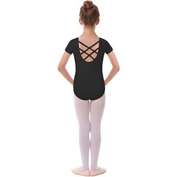 MdnMd Black Leotards for Girls Dance Ballet Gymnastic Outfit Short Sleeve Leotard with Cross Back (B...