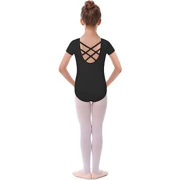 MdnMd Black Leotards for Girls Dance Ballet Gymnastic Outfit Short Sleeve Leotard with Cross Back (B...