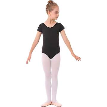 MdnMd Black Leotards for Girls Dance Ballet Gymnastic Outfit Short Sleeve Leotard with Cross Back (Black, Age 8-9)