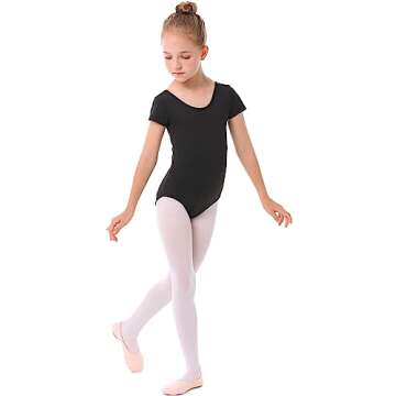 MdnMd Black Leotards for Girls Dance Ballet Gymnastic Outfit Short Sleeve Leotard with Cross Back (Black, Age 8-9)