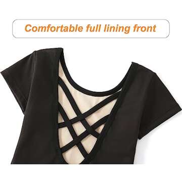 MdnMd Black Leotards for Girls Dance Ballet Gymnastic Outfit Short Sleeve Leotard with Cross Back (Black, Age 8-9)