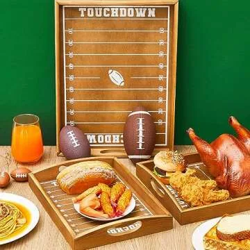 Skylety 3 Pcs Football Serving Trays Wooden Football Field Shaped Plates Football Stadium Serveware Tailgate Party Serving Platter for Game Party Decorations, 16.25'', 14.5'', 12.5''