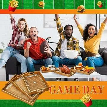 Skylety 3 Pcs Football Serving Trays Wooden Football Field Shaped Plates Football Stadium Serveware Tailgate Party Serving Platter for Game Party Decorations, 16.25'', 14.5'', 12.5''