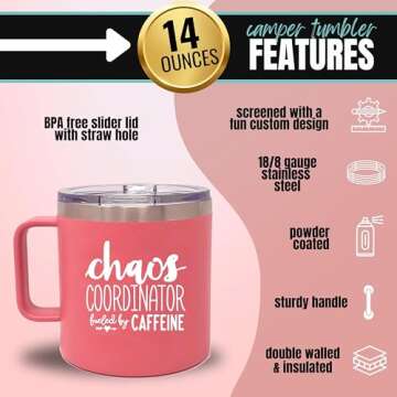 Brooke & Jess Designs Chaos Coordinator 14 oz Coffee Mug - Best Insulated Travel Tumbler for Boss Women - Great Gifts for Mom, Coworker, Bosses, Christmas, Birthday