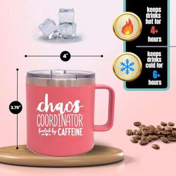 Brooke & Jess Designs Chaos Coordinator 14 oz Coffee Mug - Best Insulated Travel Tumbler for Boss Women - Great Gifts for Mom, Coworker, Bosses, Christmas, Birthday