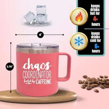 Brooke & Jess Designs Chaos Coordinator 14 oz Coffee Mug - Best Insulated Travel Tumbler for Boss Women - Great Gifts for Mom, Coworker, Bosses, Christmas, Birthday