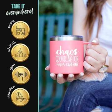 Brooke & Jess Designs Chaos Coordinator 14 oz Coffee Mug - Best Insulated Travel Tumbler for Boss Women - Great Gifts for Mom, Coworker, Bosses, Christmas, Birthday