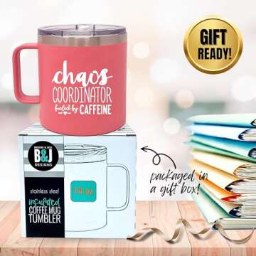 Brooke & Jess Designs Chaos Coordinator 14 oz Coffee Mug - Best Insulated Travel Tumbler for Boss Women - Great Gifts for Mom, Coworker, Bosses, Christmas, Birthday