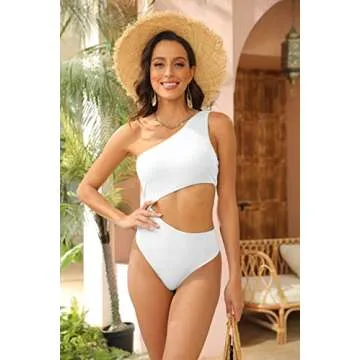 Women's One Piece Ribbed Swimsuit One Shoulder Cutout Swimwear Sexy Bathing Suit White