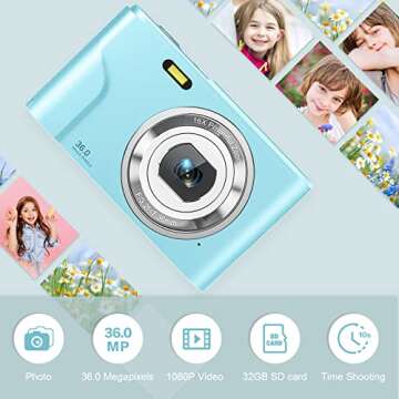 Digital Camera with LCD Screen, Full HD 1080P 36.0 Mega Pixels Vlogging Camera for Teens, Kids Boys and Girls, Digital Vlogging Camera with 16X Digital Zoom, 2 Batteries