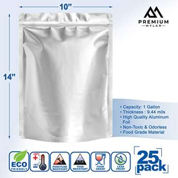 25 Mylar Bags 1 Gallon - Extra Thick 9.4 Mil - 10"x14" Airtight Vacuum Sealing Sealable Mylar Bags for Long Term Food Storage - Odor Free Heat Resistant - Light and Moisture Proof Fresh Saver Packs