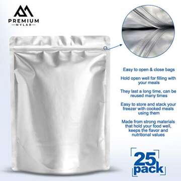 25 Mylar Bags 1 Gallon - Extra Thick 9.4 Mil - 10"x14" Airtight Vacuum Sealing Sealable Mylar Bags for Long Term Food Storage - Odor Free Heat Resistant - Light and Moisture Proof Fresh Saver Packs