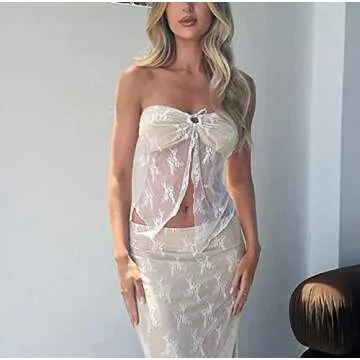 Women Y2k Lace Trim Tube Tops Off Shoulder Stretchy Crop Top Sleeveless Open Back Tube Top 00s Fairy Grunge Outfit K-White