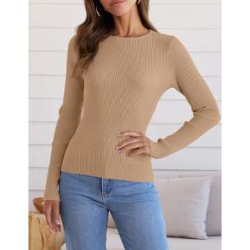 ZESICA Women's Long Sleeve Crewneck Shirts Spring Knit Sweater Slim Fitted Casual Basic Tee Tops,Toffee,Small