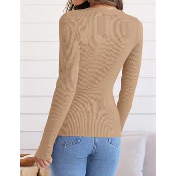 ZESICA Women's Long Sleeve Crewneck Shirts Spring Knit Sweater Slim Fitted Casual Basic Tee Tops,Toffee,Small